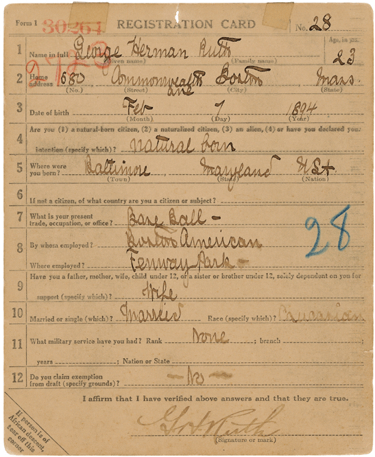 Babe Ruth World War I Draft Registration Card
