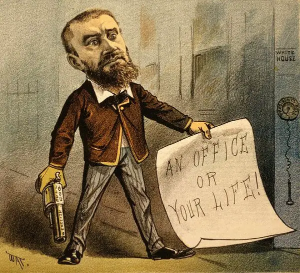 1881 political cartoon showing Guiteau holding a gun and a note that says "An office or your life!" The caption for the cartoon reads "Model Office Seeker." (Wikipedia)