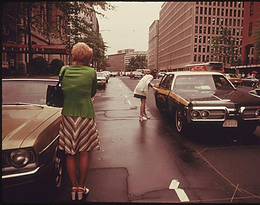 D.C. workers waiting for cabs during Metrobus strike - 17th and H St. NW (1975)