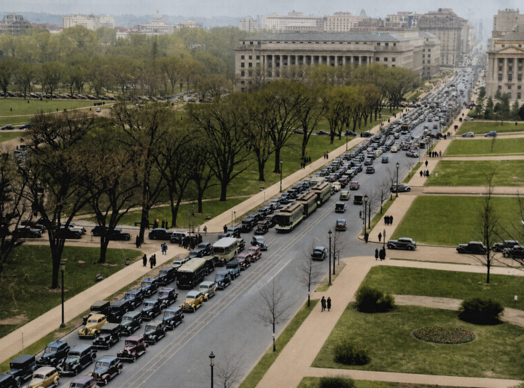 Colorized 1937 photograph of traffic on 14th St. NW Washington DC