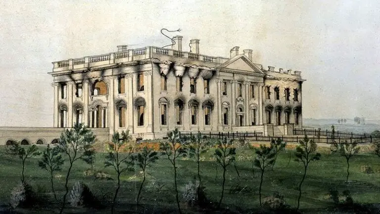 The White House ruins after the conflagration of August 24, 1814. Watercolor by George Munger (WIkipedia)