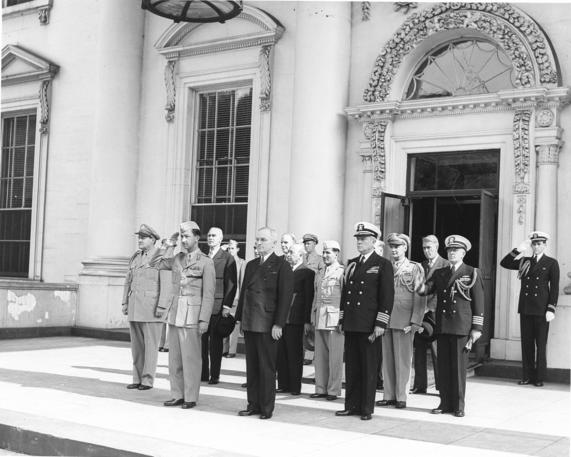 U.S. and Iraqi representatives standing on porch of White House (May 28th, 1945)