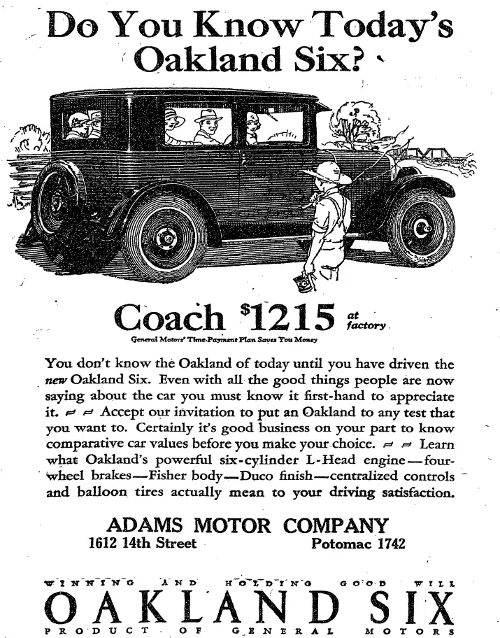 Oakland Six and Adams Motor Company