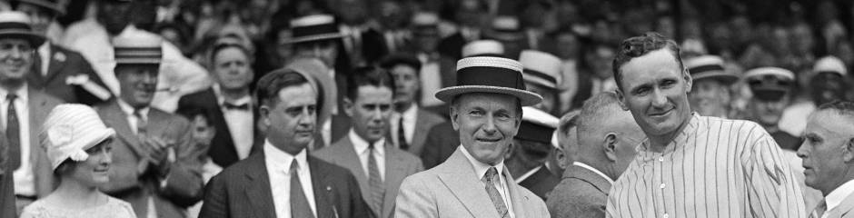 US President Calvin Coolidge and Washington Senators pitcher Walter Johnson shake hands, presenting the "American League diploma" for the Senators winning the AL in 1924 (Wikipedia) US President Calvin Coolidge and Washington Senators pitcher Walter Johnson shake hands, presenting the "American League diploma" for the Senators winning the AL in 1924 (Wikipedia)