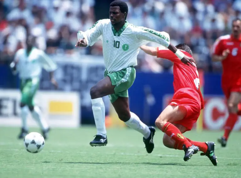 1994 World Cup Finals, Washington DC, USA. 29th June, 1994. Saudi Arabia 1 v Belgium 0. Saudi Arabia's Saeed Owairan is challenged by a Belgian