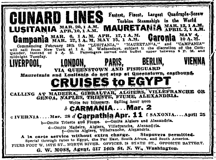 Carpathia advertisement in the Washington Post (1912)