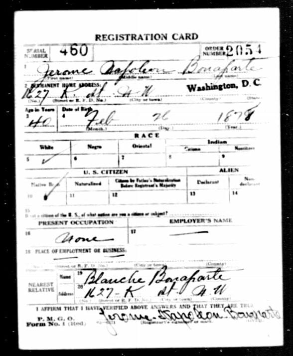 World War I Draft Registration Card for Jerome Napoleon Bonaparte (Ancestry.com)