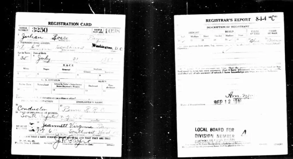 Julian Payne's World War I Draft Registration Card (Ancestry.com)