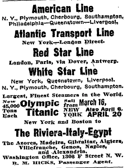 Titanic advertisement in the Washington Post (1912)