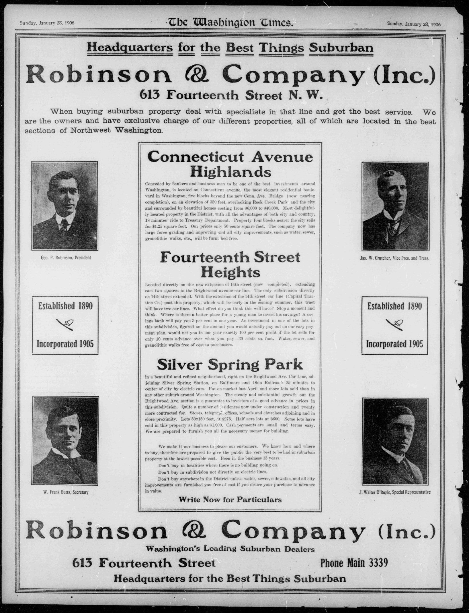 Robinson & Company real estate advertisement in the Washington Times - January 28th, 1906