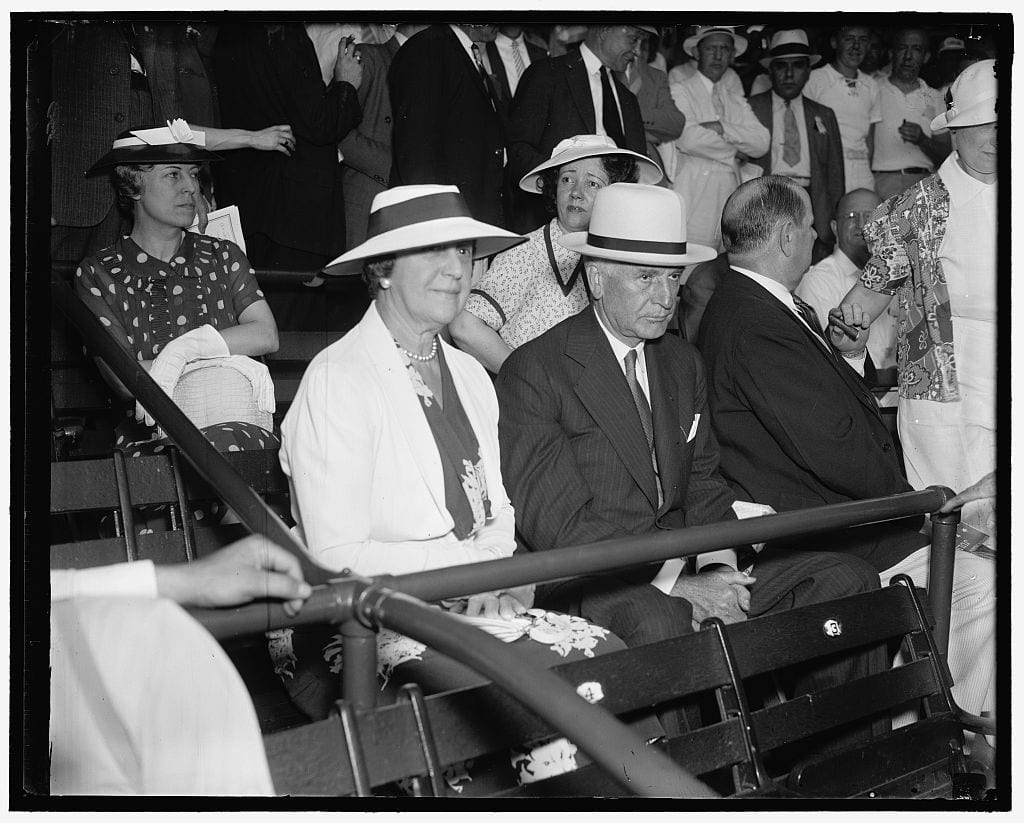 Secretary of State views All-Star game. Washington D.C., July 7. Secretary of State with Mrs. Cordell Hull joined the thousands of other rabid baseball fans at Griffith Stadium today to witness the 1937 All-Star Game (Library of Congress)