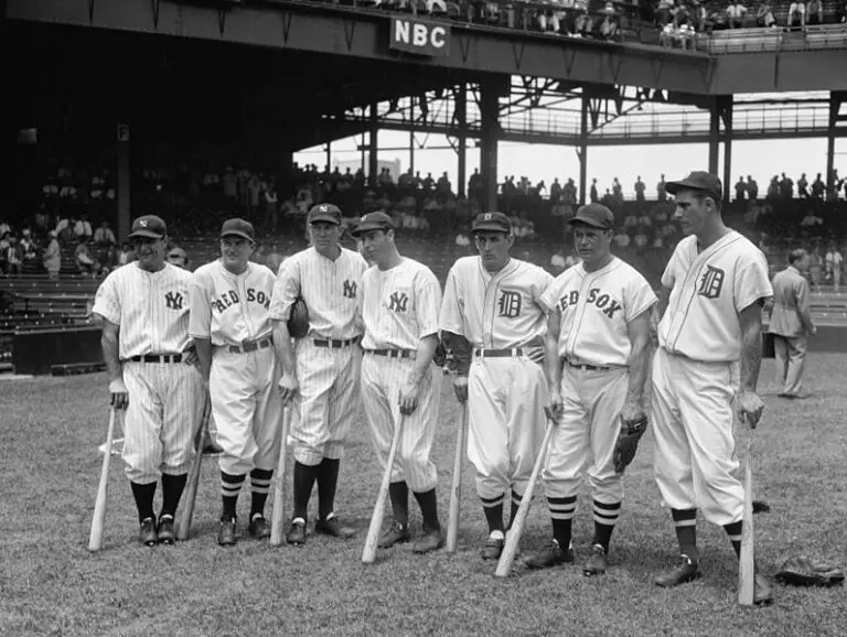 Lou Gehrig, Joe Cronin, Bill Dickey, Joe DiMaggio, Charlie Gehringer, Jimmie Foxx, and Hank Greenberg - July 7th, 1937 (Library of Congress)