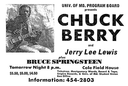 Chuck Berry, Jerry Lee Lewis and Bruce Springsteen concert at the University of Maryland in 1973