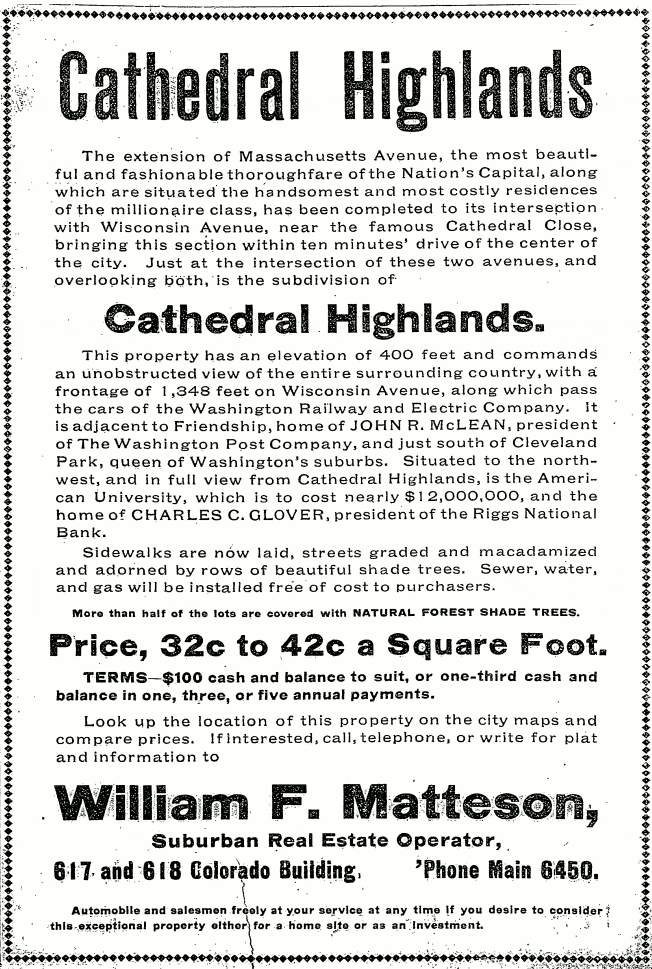Cathedral Highlands advertisement - April 14th, 1907 (Washington Post)