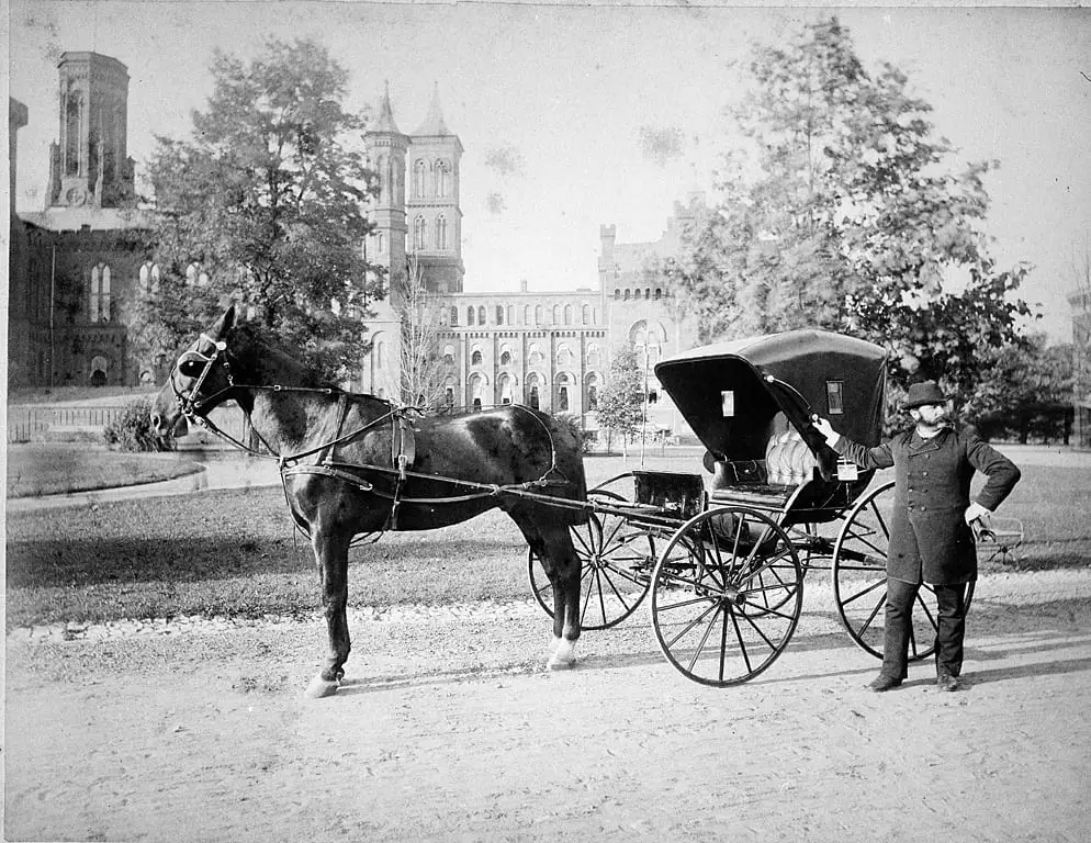 Daniel H. Riggs, Howard University Medicine, in the South Yard of the Smithsonian Institution Building, stands next to his carriage. Picture shows the East Wing after Adolph Cluss' 1884 renovation. Against the building are sheds, used by the Department of Living Animals, 1887-1890 (Smithsonian Archives)