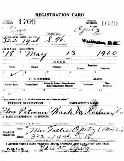 Gus Oputz World War I Draft Registration Card