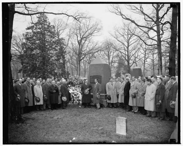 Tribute to Abner Doubleday at Arlington Cemetery. Left to right: Clark Griffith, President of the Washington Club, Joe McCarthy, Manager of the N.Y. Yankees and Manager Bucky Harris, Manager of the Washington Senators - April 17th, 1939 (Library of Congress)