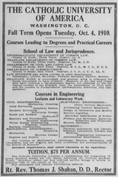 Catholic University advertisement in the Washington Herald (1910)