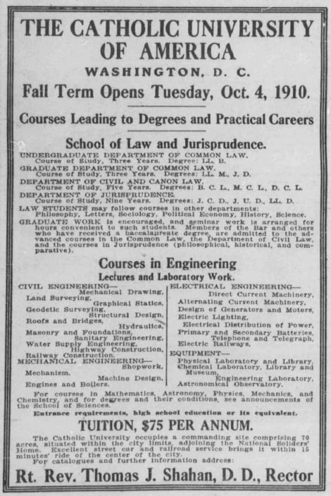 Catholic University advertisement in the Washington Herald (1910)