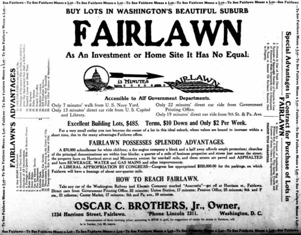 Fairlawn real estate advertisement from the Washington Herald - July 22nd, 1911