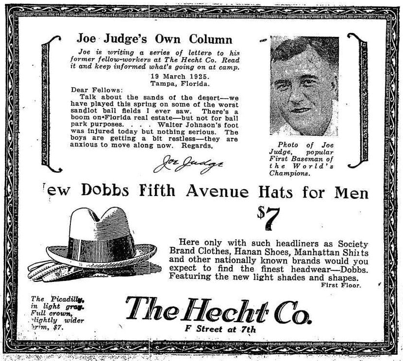 Joe Judge and The Hectht Company advertisement in the Washington Post - 1925