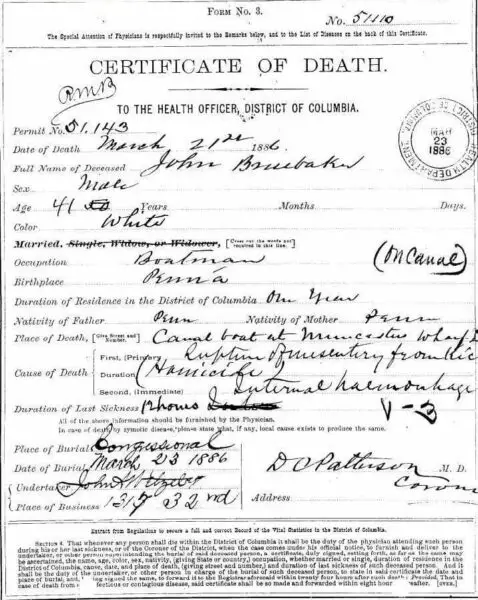 John Bruebaker's death certificate (Congressional Cemetery)