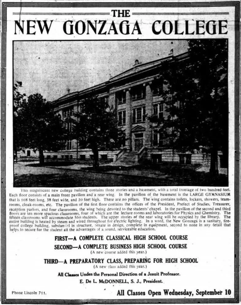 New Gonzaga College advertisement in the Washington Times - August 31st, 1913