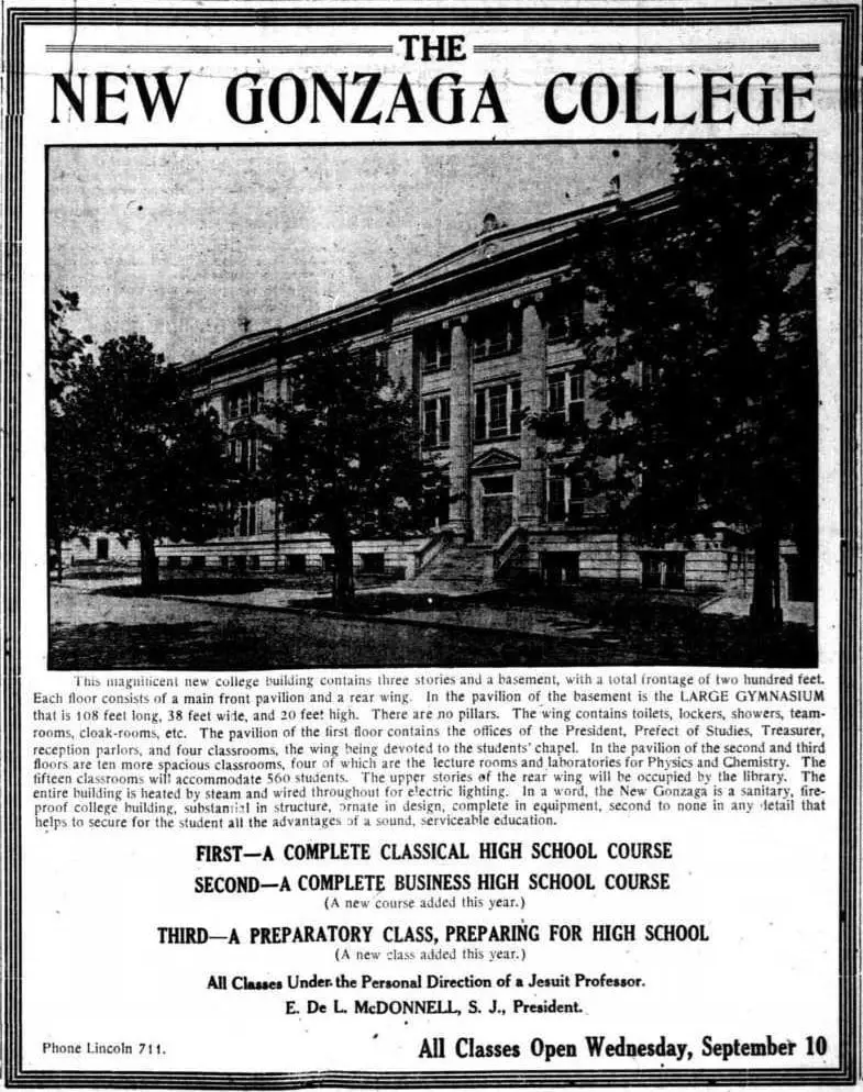 New Gonzaga College advertisement in the Washington Times - August 31st, 1913