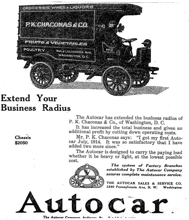 P.K. Chaconas Autocar testimonial advertisement in the Washington Post - March 20th, 1919