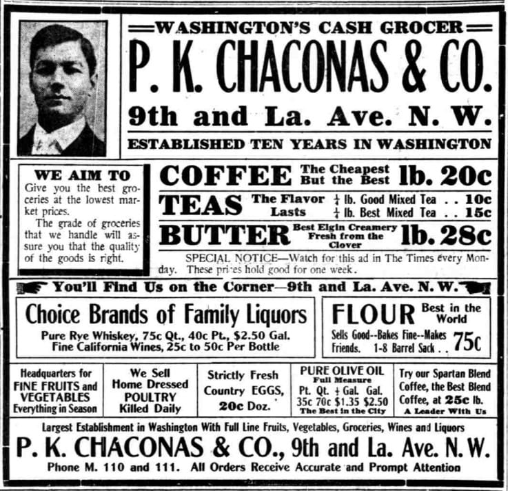 P.K. Chaconas & Co. advertisement in the Washington Times - April 14th, 1911