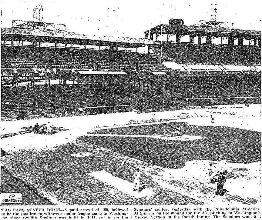 Senators play the Athletics at Griffith Stadium in front of 460 fans - September 8th, 1954 (Washington Post)