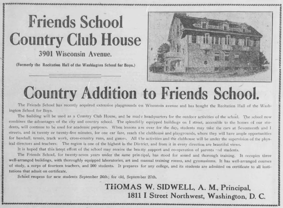 Friends School Country Club House advertisement in the Washington Herald (1910)