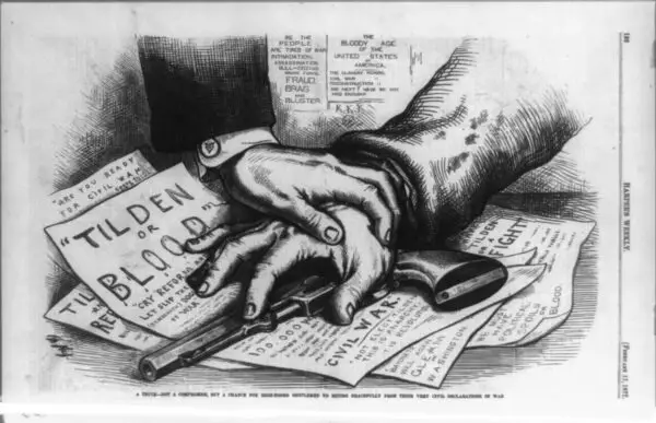 "Tilden or Blood" by Thomas Nast in Harper's weekly - Febuary 17th 1877 (Wikipedia)