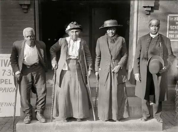 1916 Slaves reunion. Lewis Martin, age 100; Martha Elizabeth Banks, age 104; Amy Ware, age 103; Rev. Simon P. Drew, born free." Cosmopolitan Baptist Church, 921 N Street N.W. (Shorpy)
