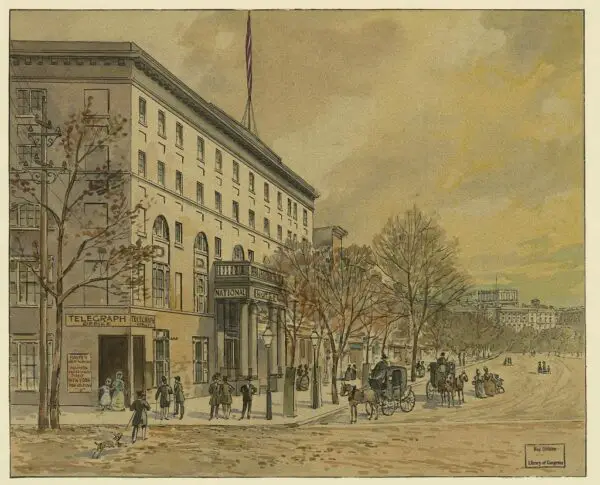 Drawing shows a woman and child exiting the telegraph office, and the National Hotel, at Pennsylvania and 6th Street, NW, as carriages and people move up and down Pennsylvania Avenue in Washington DC. The view is toward the Capitol, with its incomplete dome by A. Miller in 1860. (Library of Congress)