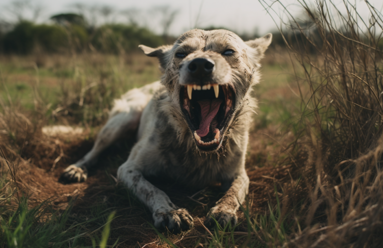 a_dog_holding_its_teeth_up_in_the_grass_in_the_style_of__2ae6b69c-f283-4995-8255-a35aeb5f226a