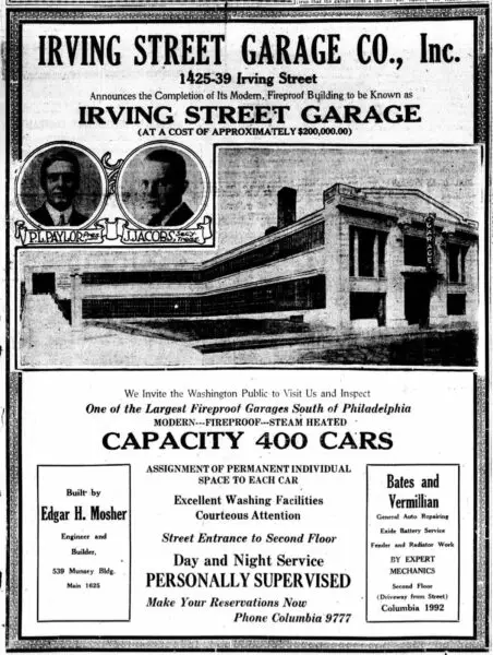 Irving Street Garage Co. advertisement in the Washington Times