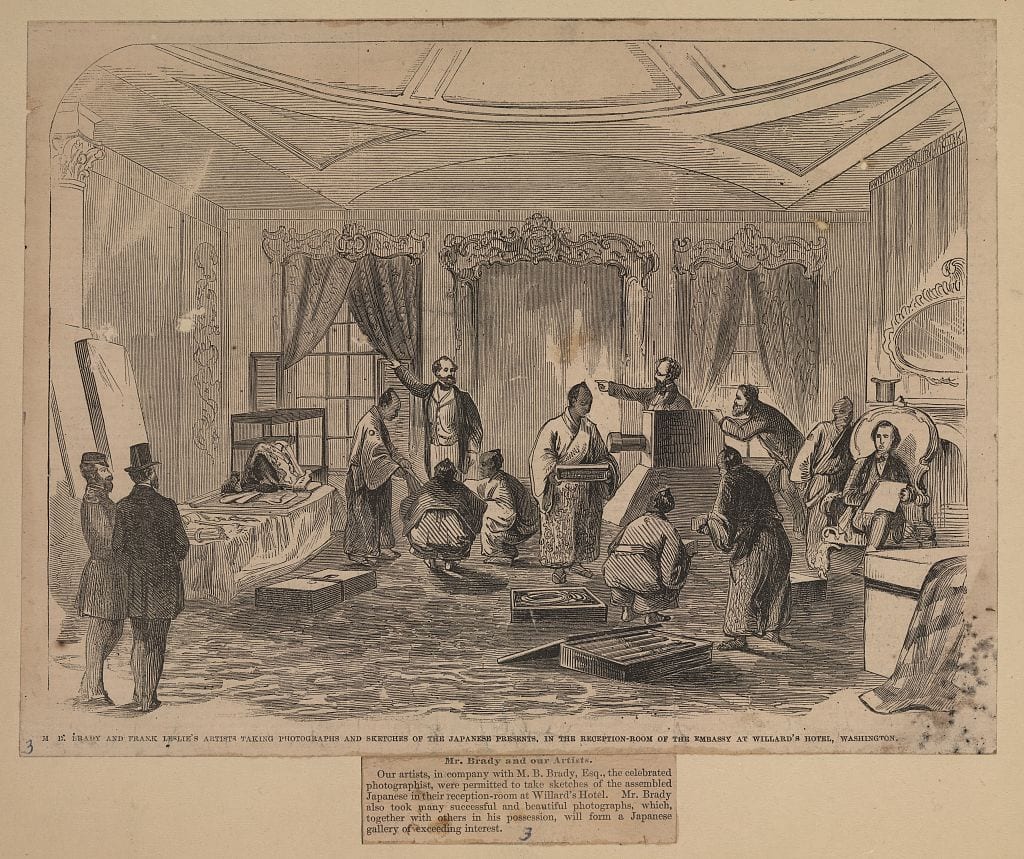 M.B. Brady and Frank Leslie's artists taking photographs and sketches of the Japanese presents, in the reception room of the Embassy at Willard's Hotel, Washington (Library of Congress)