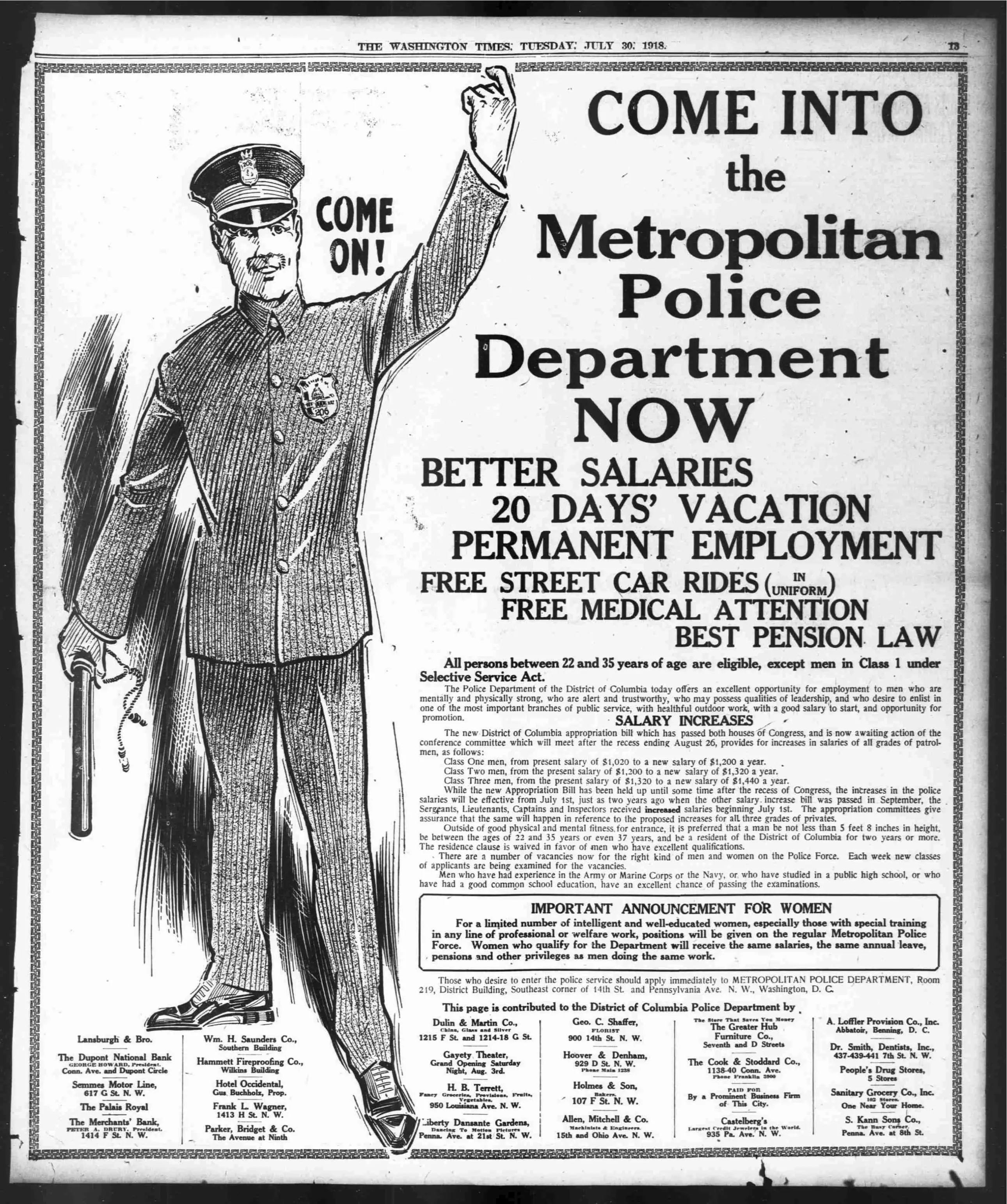 Metropolitan Police Department recruitment advertisement - July 30th, 1918 (Washington Times)