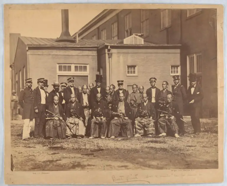 Japanese embassy posing for photo with naval officers at Washington's navy yard (Library of Congress)