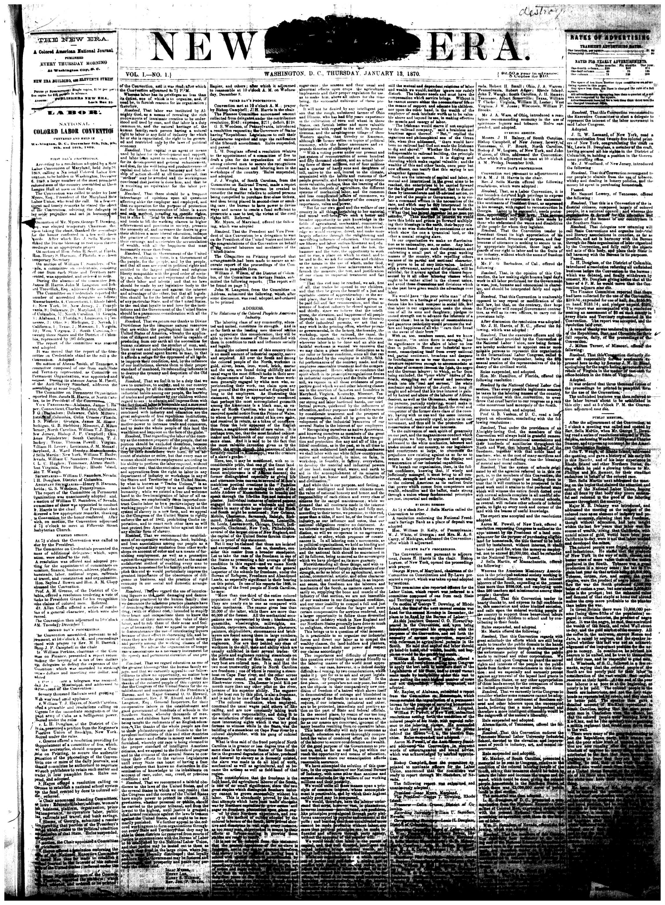 New National Era Vol. 1 No. 1 - Thursday, January 13th, 1870 New National Era Vol. 1 No. 1 - Thursday, January 13th, 1870