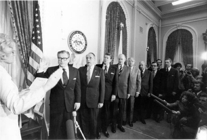 Swearing-in Ceremony of the Rockefeller Commission, 1975: Members included Nelson A. Rockefeller, Lyman L. Lemnitzer, Ronald Reagan, Edgar F. Shannon, Jr., David W. Belin, John T. Connor, C. Douglas Dillon, Erwin N. Griswold, and Lane Kirkland (Wikipedia)