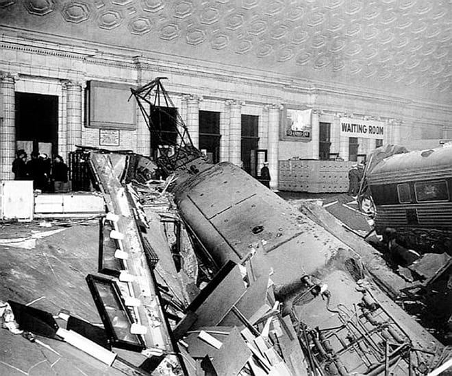 Pennsylvania Railroad locomotive sticking out of the basement of the station (Photo courtesy Trains magazine)