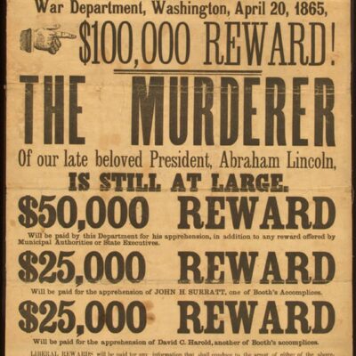 reward poster by the War Department for Booth, Surratt and Herold (Library of Congress)
