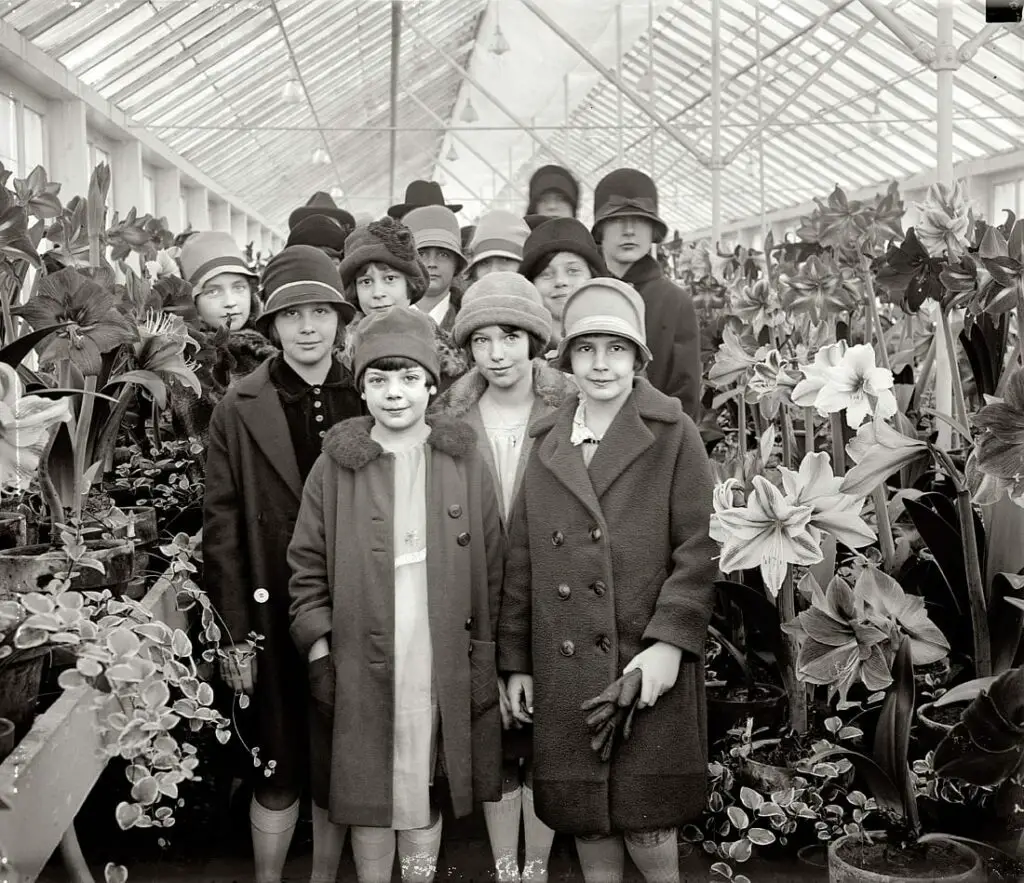 March 21, 1927. Washington, D.C. "Ruth Jardine (at right) and class at Amaryllis show. (Shorpy)