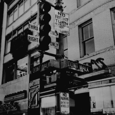 "Walk," "Don't Walk," "No Right Turn," "Thru Only": a complicated traffic signal to uncomplicate Washington, D.C., traffic, 1949. 306-PS-49-2682. (National Archives)