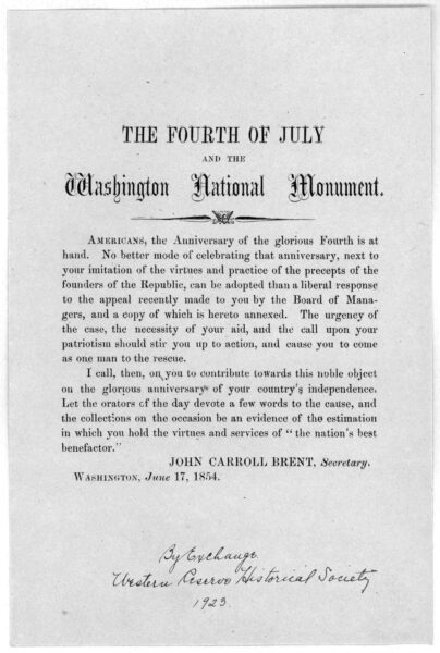 Leaflet calling for funds to help complete the Washington Monument by John Carroll Brent in 1854 (Library of Congress)