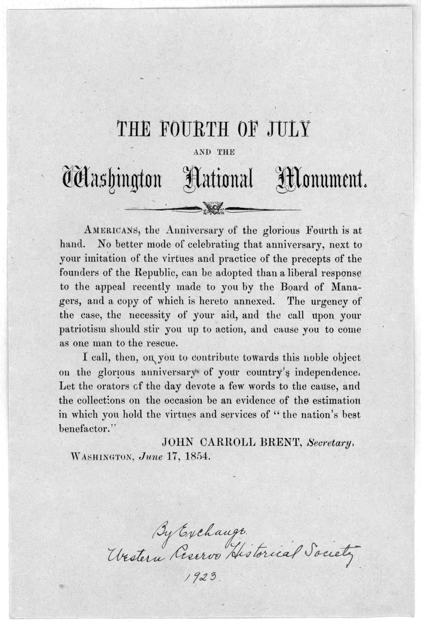Leaflet calling for funds to help complete the Washington Monument by John Carroll Brent in 1854 (Library of Congress)