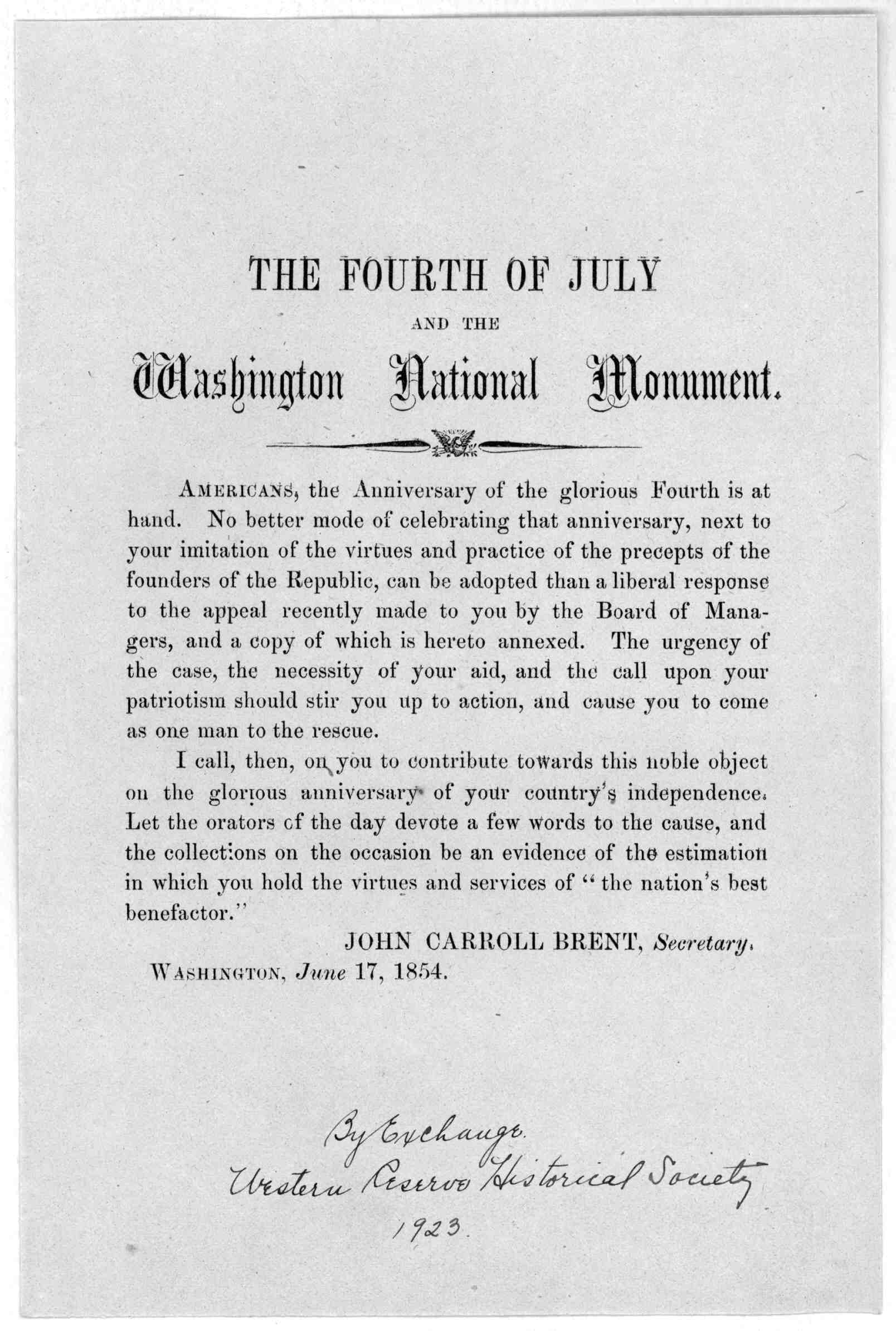 Leaflet calling for funds to help complete the Washington Monument by John Carroll Brent in 1854 (Library of Congress)