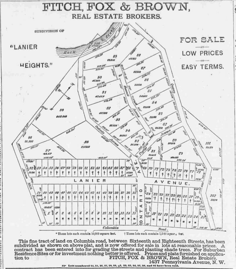 Fitch, Fox & Brown real estate advertisement for Lanier Heights - April 19th, 1884 (The National Republican)